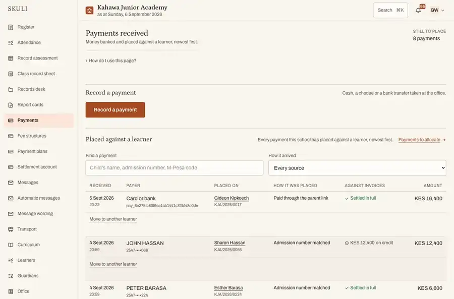 The payments screen: M-Pesa payments matched to learners by admission number, each showing whether it settled the invoice or left a credit.