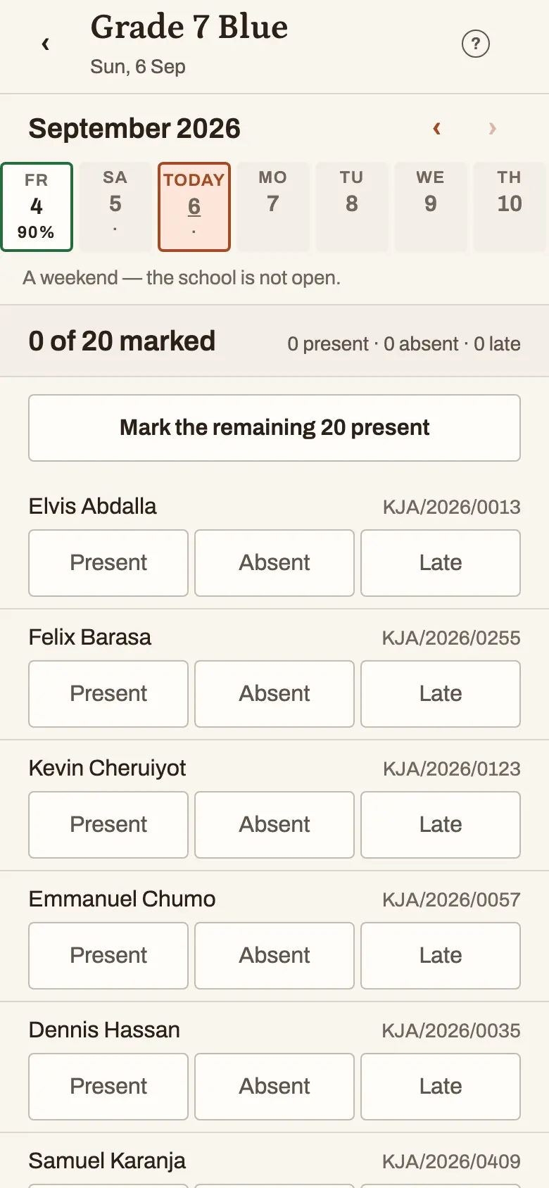 The register for one class on the teacher's phone: each learner with present, absent and late to tap.